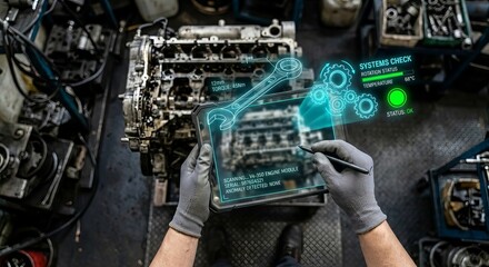 Fototapeta premium Mechanic Using Augmented Reality Tablet for Car Engine Diagnostics and Smart Maintenance