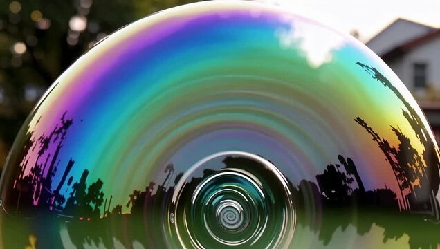 Amazing rainbow bubble with spiral reflection and colorful light refraction.