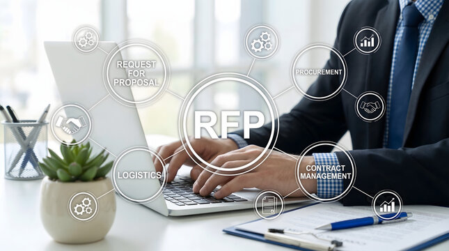 Professional businessman uses laptop for request for proposal process with interconnected digital icons on a bright modern office desk