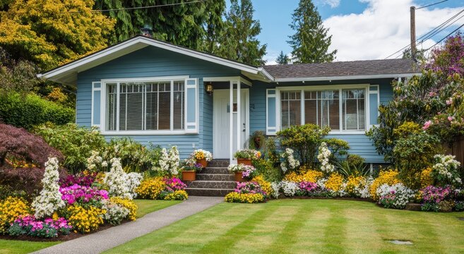 Charming blue house with vibrant, colorful flower gardens and manicured lawn