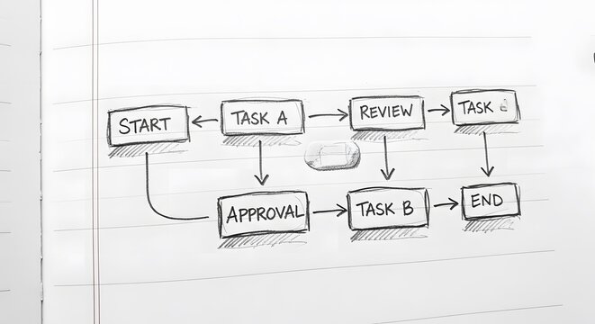 Hand drawn flowchart showing project start with tasks and approval process