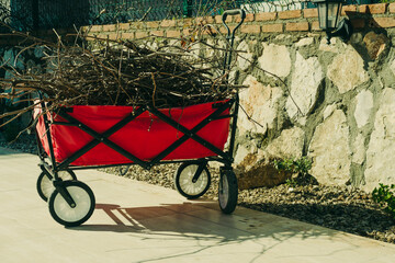 branches in red wheelbarrow with green gardening gloves, spring garden cleanup concept