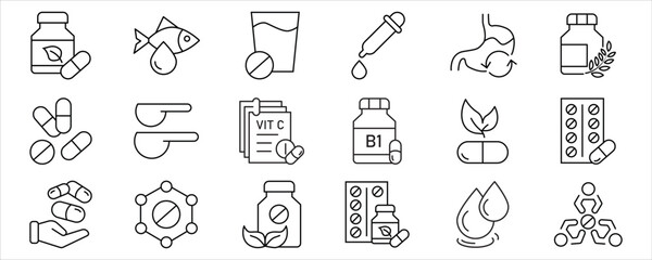 Supplement line editable icon set. Containing vitamin, nutritional Supplements, capsule, protein, minerals, herbal, probiotic, antioxidant and more. Editable stroke. Vector illustration