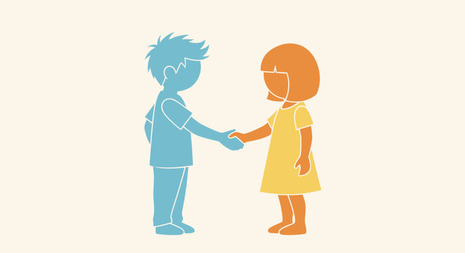 Two children shaking hands together.