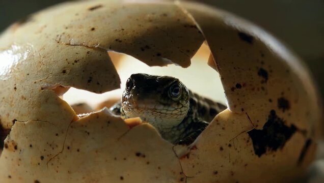 Baby reptile hatching from egg, emerging into the world, wildlife concept.