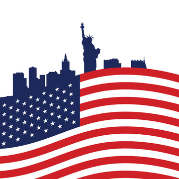 Illustration of United States city skyline with the Statue of Liberty silhouette and American flag waves in the background. Concept of patriotism, national pride, independence and American culture.