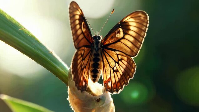 Beautiful butterfly emerging from chrysalis on a green leaf in sunlight.