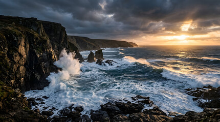 Fototapeta premium Powerful ocean waves crashing against rocky cliffs under dramatic golden sunlight
