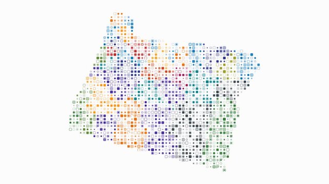 Oregon animated shape. Pulsating colored dots on the map of the state. Small size rounded square blocks. Digital style Oregon map on white background. Trending animation video.