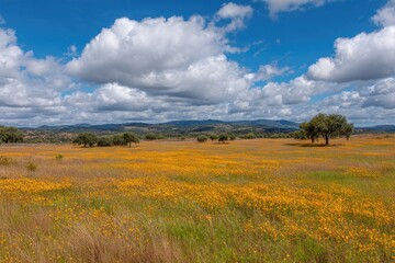 Obraz premium Expansive meadow blanketed in yellow wildflowers under a dramatic, cloud-filled sky