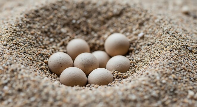 Reptile eggs resting in sandy nest with natural earthy tones, wildlife concept showing natural incubation environment in wild habitat.