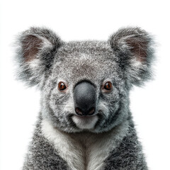 A fluffy koala sitting peacefully. The image features high-key studio lighting, intricate fur textures, and a minimalist aesthetic isolated on a white backdrop.