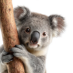 Fototapeta premium A fluffy koala sitting peacefully. The image features high-key studio lighting, intricate fur textures, and a minimalist aesthetic isolated on a white backdrop.