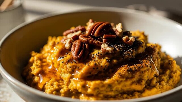 Creamy pumpkin porridge with pecans drizzled in honey in a ceramic bowl bathed in morning sunlight. closeup sequence reveals rich texture, spoon and jar nearby for cozy autumn breakfast.