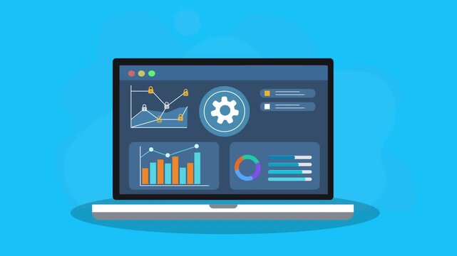 Animated laptop displaying system settings dashboard with gear icon, charts, and panels, representing configuration, monitoring, and data analytics in a modern flat design.