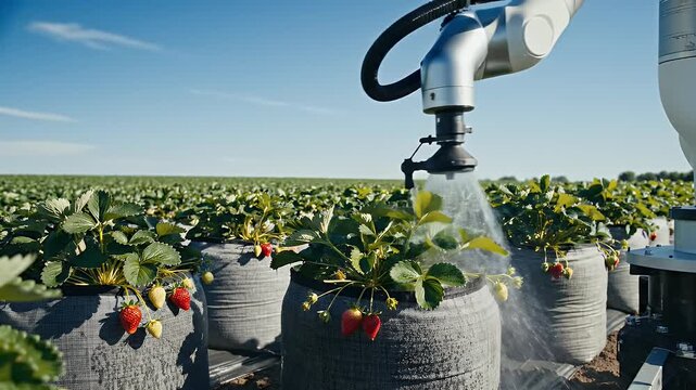 Robotic arm waters strawberry plants growing in bags under a clear blue sky