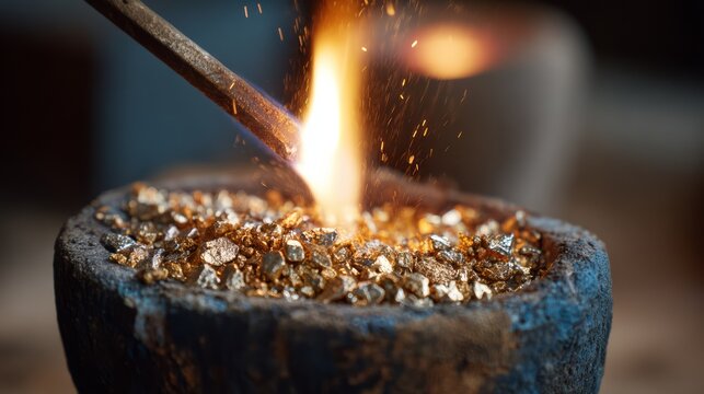 A goldsmith melting precious metal granules with small torch in jewelry casting crucible.