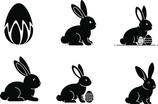 Easter themed black silhouettes of bunnies and eggs on white background