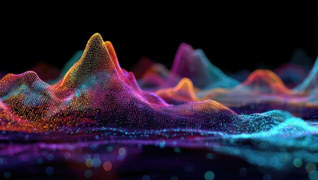 Colorful, glowing particle landscape with abstract mountain peaks