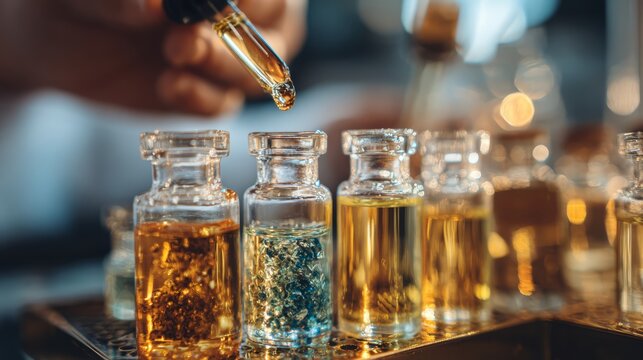A perfumer blending fragrance oils in laboratory glass vials.