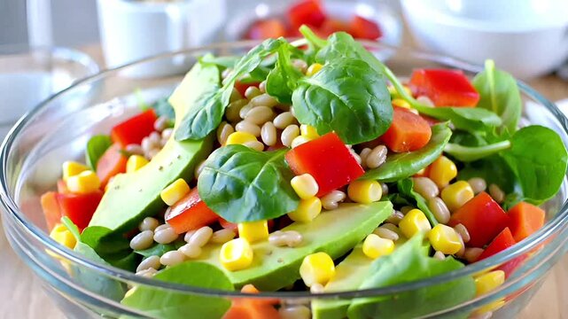 新鮮な野菜がゆっくりとボウルに落ちていく