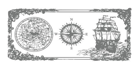 Vintage nautical vector illustration featuring an antique world map, compass rose, and sailing ship in decorative floral frame © GraphixEra
