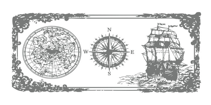 Vintage nautical vector illustration featuring an antique world map, compass rose, and sailing ship in decorative floral frame