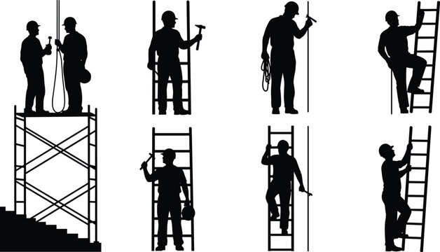 Construction worker silhouette icon set featuring builders on ladders and scaffolding, maintenance crews with tools, and industrial professionals working at height
