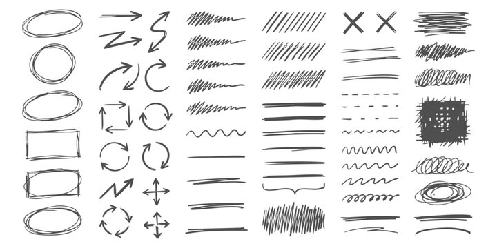 Hand drawn sketch elements set with arrows circles marker frames underlines and scribble strokes vector illustration.