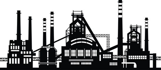 Obraz premium A detailed black and white silhouette of a large industrial factory complex with tall smokestacks