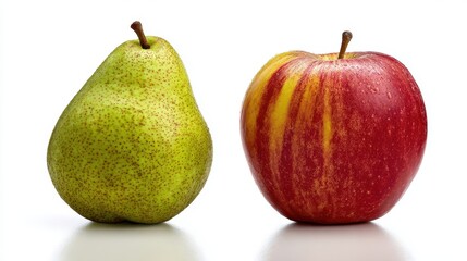 The pear and apple with crisp skin and water droplets on white surface