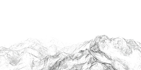 Detailed hand drawn pencil sketch mountain range landscape vector illustration with rugged peaks and white background for creative design © GraphixEra
