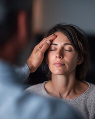 Hypnotherapist performing hypnosis session with hand gesture, mental therapy and relaxation concept
