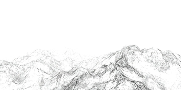 Detailed hand drawn pencil sketch mountain range landscape vector illustration with rugged peaks and white background for creative design