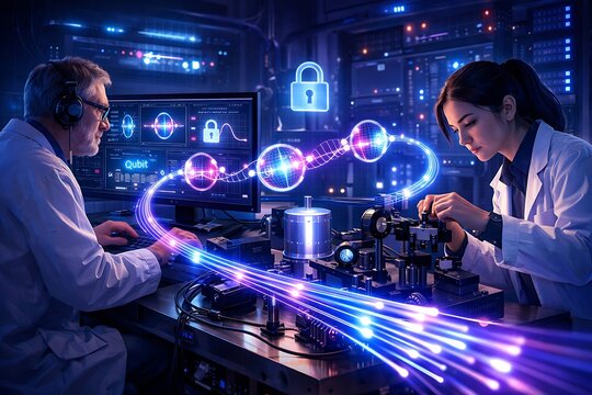 Two scientists in a high-tech lab researching quantum data security and advanced computing, with glowing light streams illustrating secure information transfer.
