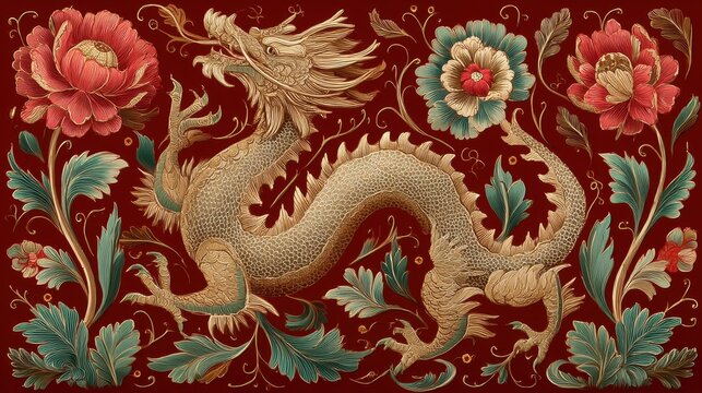 Majestic Dragon Surrounded by Elegant Floral Patterns in Rich Colors Ideal for Cultural and Artistic Designs