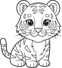 Fototapeta premium Adorable cartoon tiger cub sitting and looking forward with big eyes perfect for coloring pages, Generative Ai