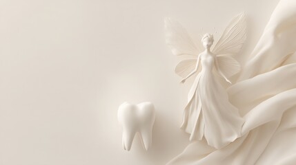 Whimsical Fairy Figurine with Wings Beside a Tooth on a Soft Creamy Background, Symbolizing Dental Care and Childhood Imagination