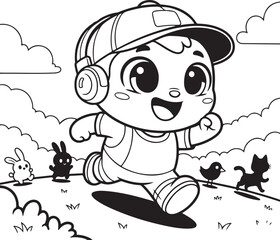 Obraz premium Adorable cartoon boy named milo wearing a cap and headphones running joyfully with small animals in a whimsical outdoor scene, Generative Ai