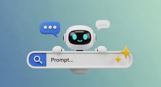 Cute robot with speech bubbles and a search bar, symbolizing AI and chatbots.