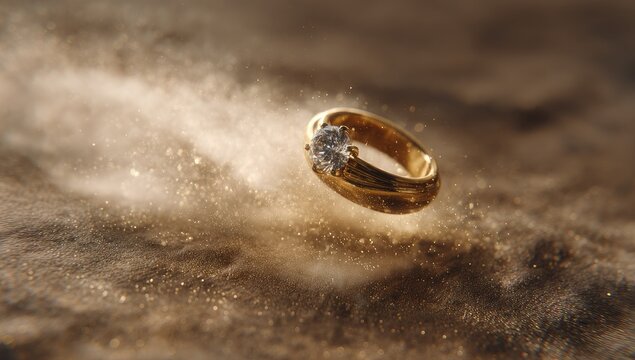 A gold ring with a single clear stone hovers mid-air