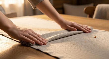 Hands Smoothing Linen Tablecloth on Wooden Table