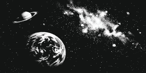 Vintage black and white outer space scene with planets, glowing nebula, and stars in retro stipple texture vector illustration. © GraphixEra