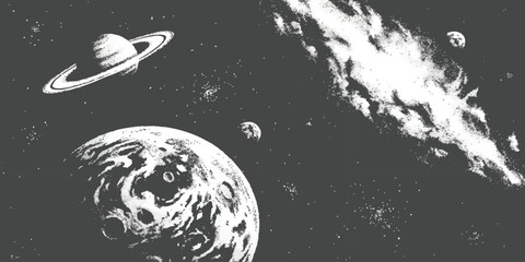 Monochromatic retro textured space illustration featuring detailed planets, bright cosmic nebula streak, and starry galaxy vector illustration. © GraphixEra