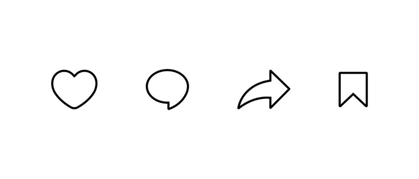Like, comment, share, and save outline icon. Heart, speech bubble, repost, and bookmark symbol