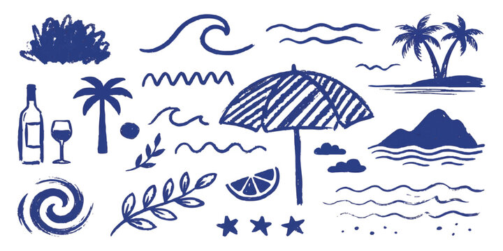 Set of hand drawn summer beach holiday vacation elements in blue rough sketch crayon style vector illustration.