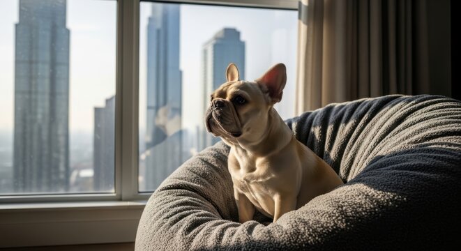 French Bulldog Puppy Relaxing in Comfy Bed with Cityscape View