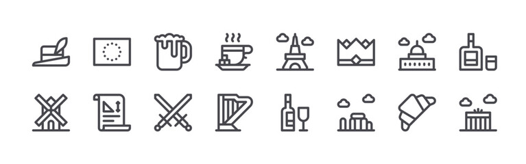 set of 16 thin line europe icons such as hat, windmill, european union, drawing, beer mug, crossed, tea cup, harp, eiffel tower. editable stroke vector illustration isolated on white © Lukas