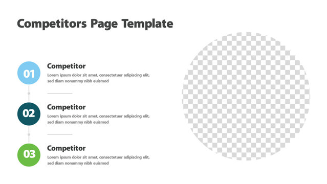 Slide for competitor analysis featuring three numbered sections and image area