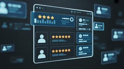Digital user interface with rating system and user profiles on a dark background